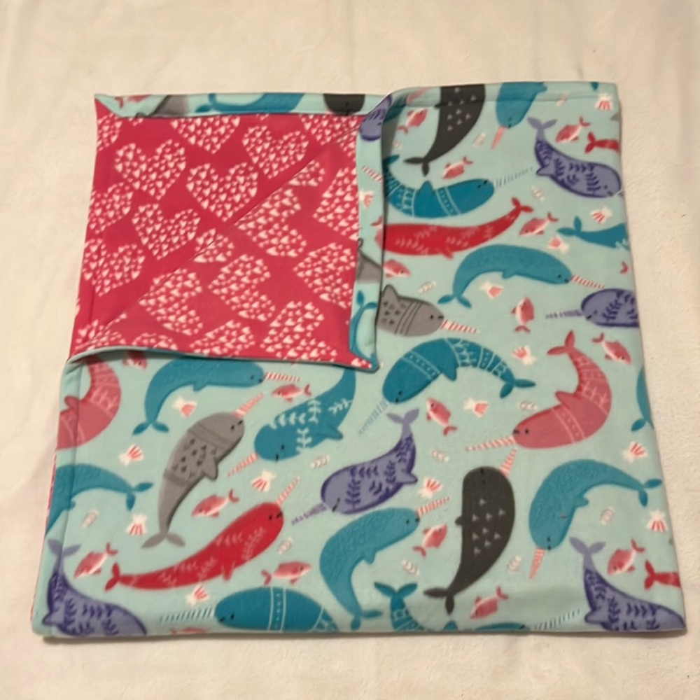 🐬💕🐟Narwhals, Fish, and Hearts. Double Print Fleece Blanket for Children.